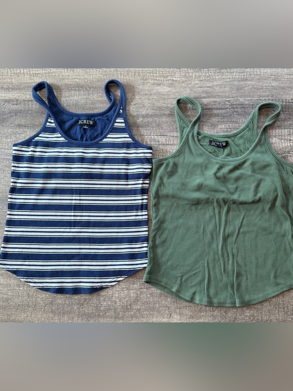 Set of 2 J.Crew tank tops with shelf bras, olive green and navy stripe. Medium.